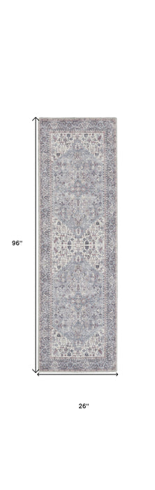 8' Gray Floral Power Loom Distressed Washable Runner Rug