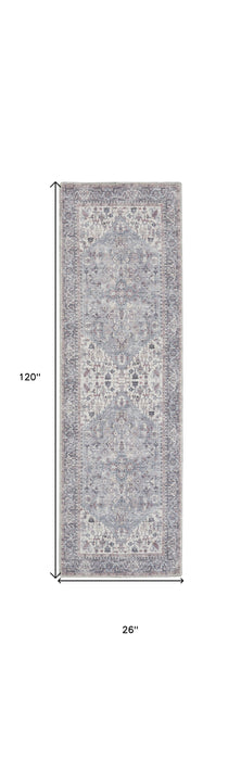 10' Gray Floral Power Loom Distressed Washable Runner Rug