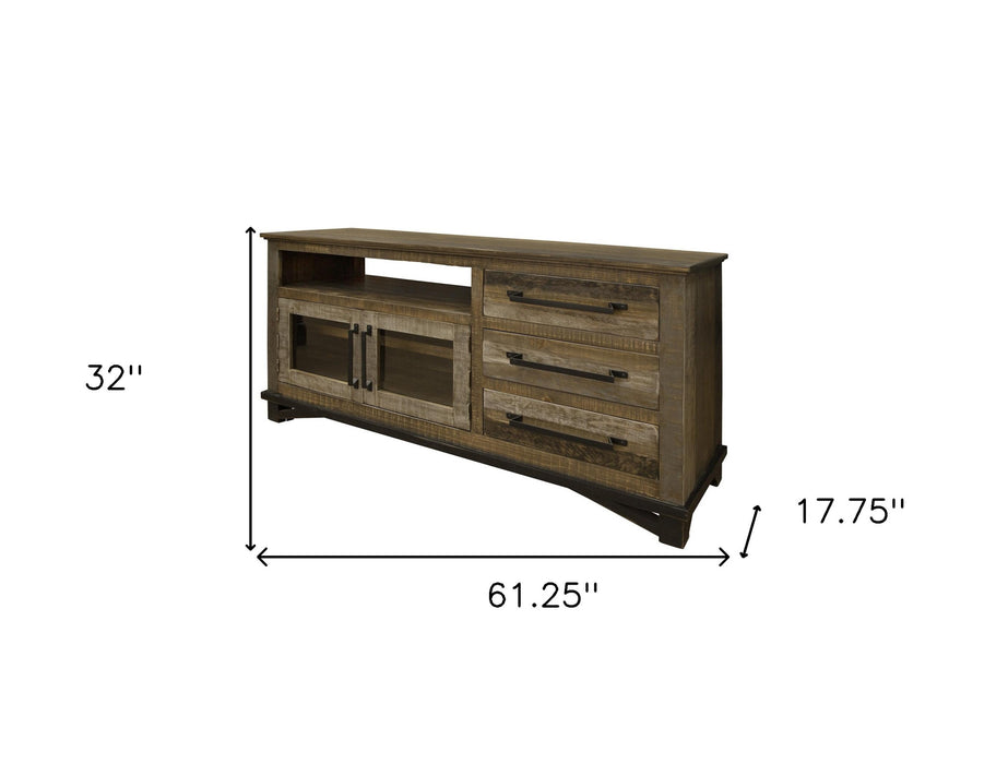 61" Brown Solid Wood Cabinet Enclosed Storage Distressed TV Stand