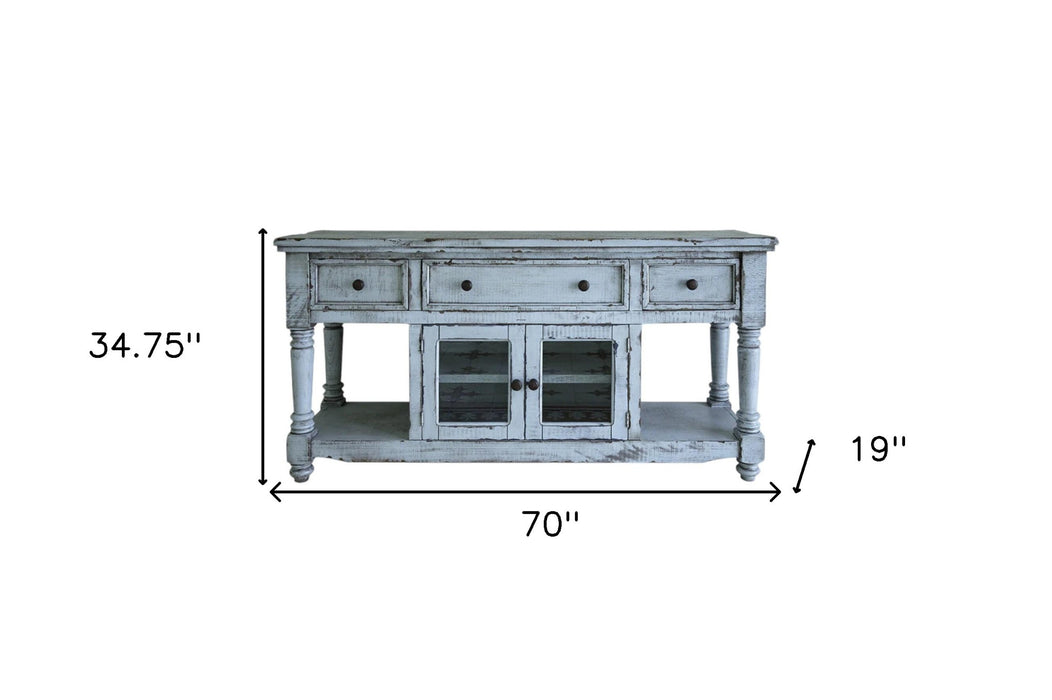 70" Blue Solid Wood Open shelving Distressed TV Stand