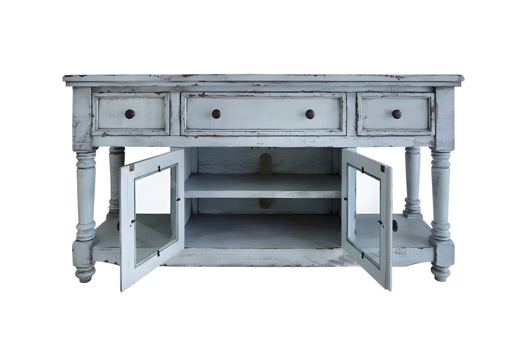 70" Blue Solid Wood Open shelving Distressed TV Stand