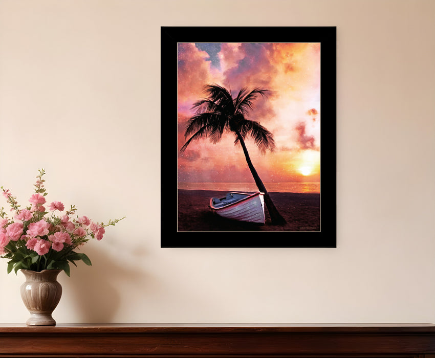 Palm Tree Sunset Black Framed Print Wall Art