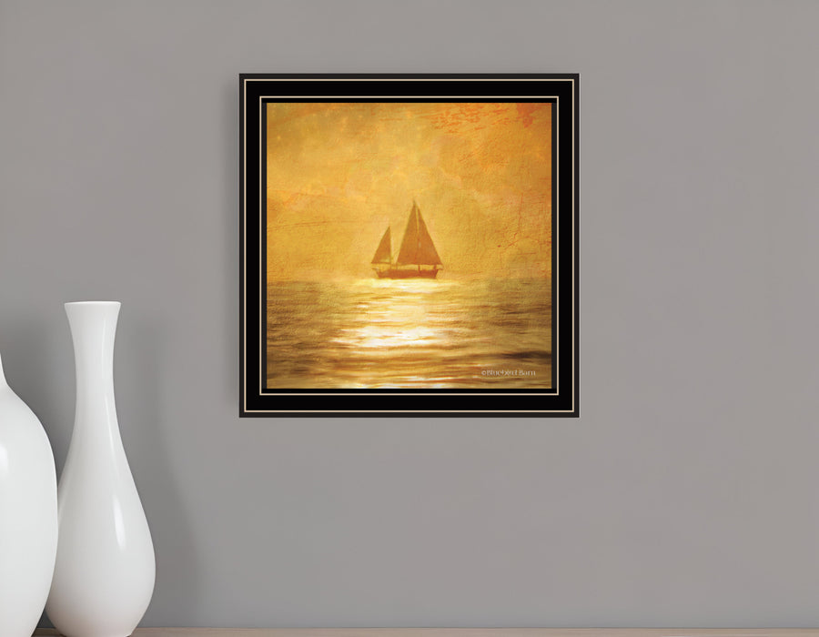 Solo Gold Sunset Sailboat Black Framed Print Wall Art