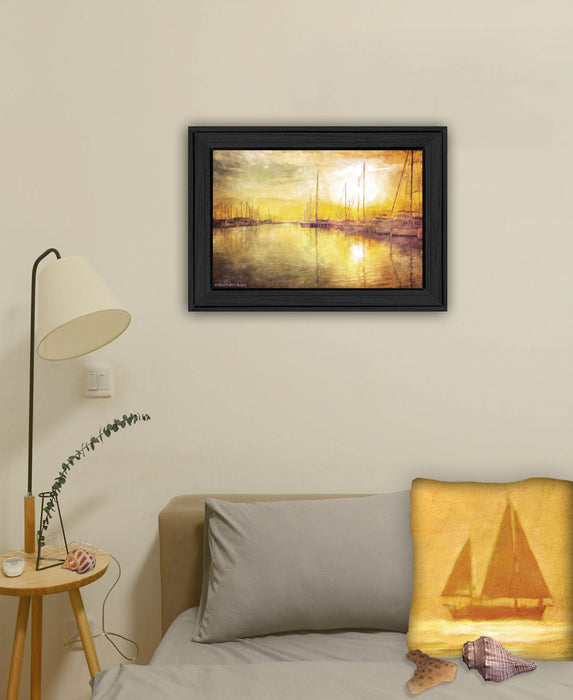 Yellow Sunset Boats In Marina Black Framed Print Wall Art