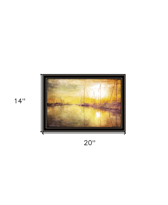 Yellow Sunset Boats In Marina Black Framed Print Wall Art