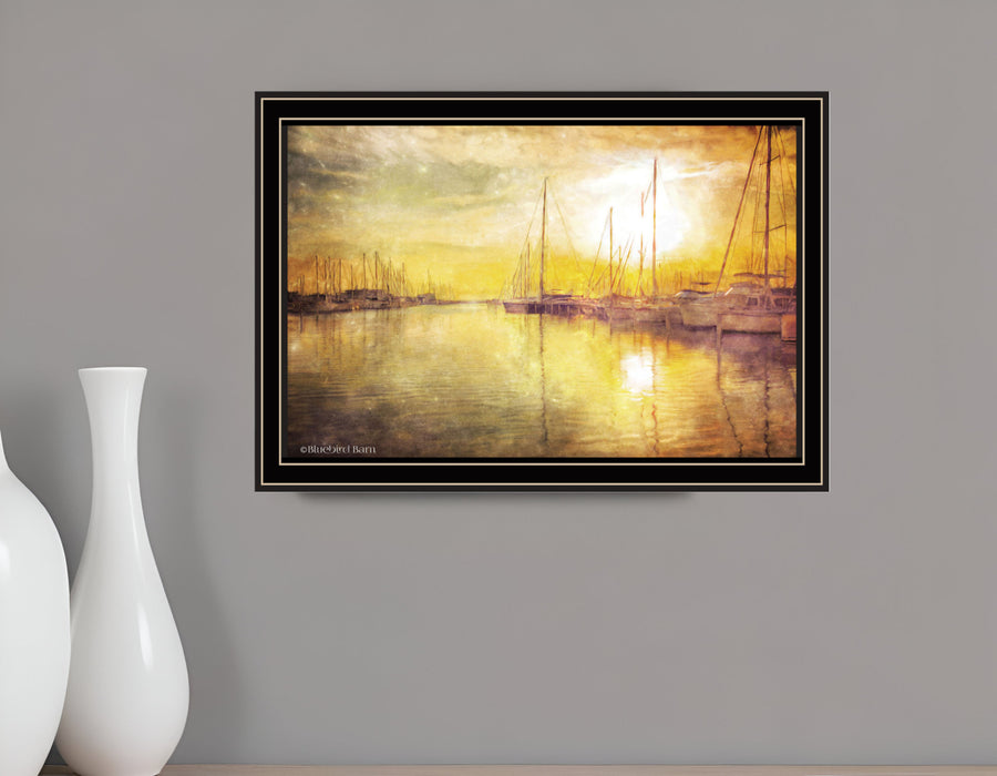 Yellow Sunset Boats In Marina Black Framed Print Wall Art