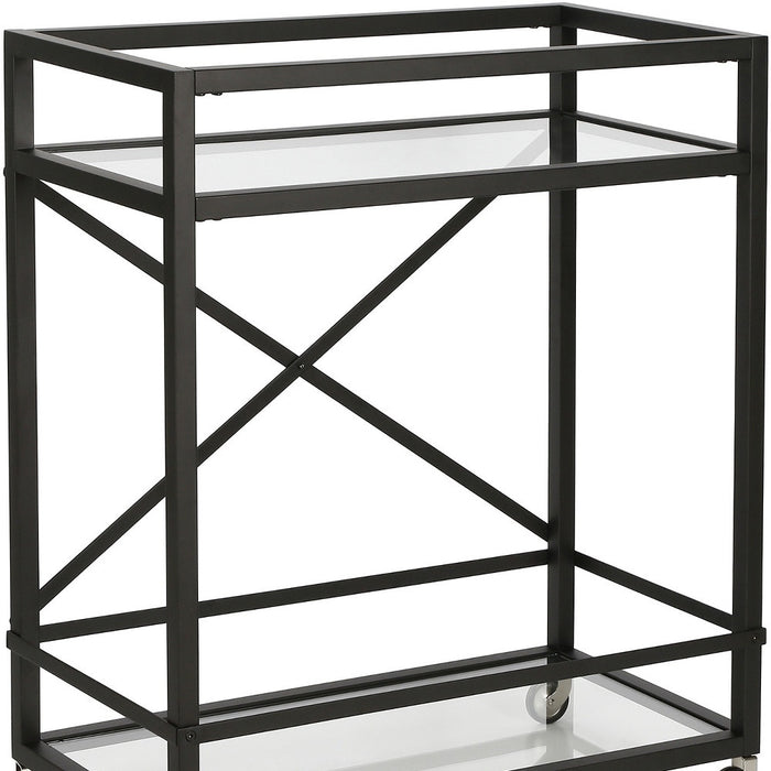 Black Steel And Glass Rolling Bar Cart