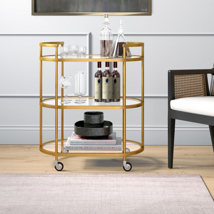 Brass Steel And Glass Oval Rolling Bar Cart