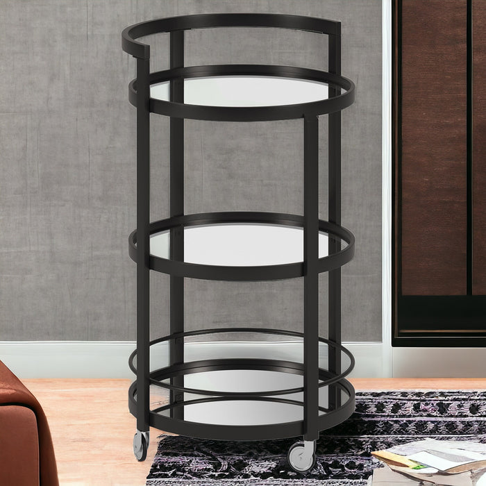 Black Steel And Glass Round Rolling Bar Cart