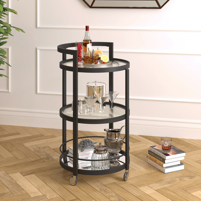 Black Steel And Glass Round Rolling Bar Cart