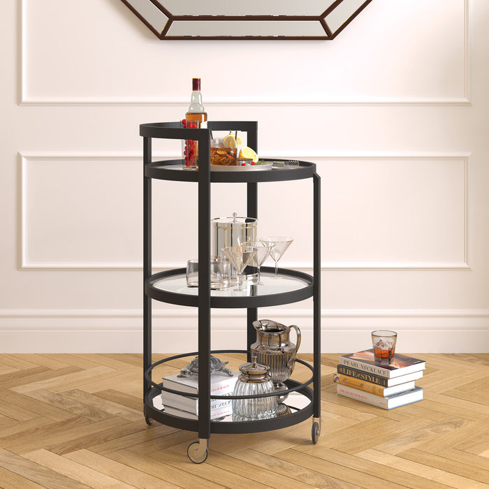 Black Steel And Glass Round Rolling Bar Cart