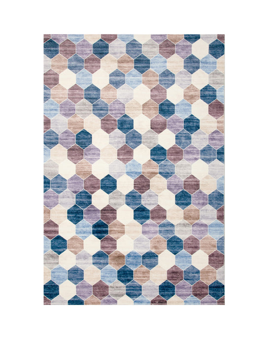 5' X 8' Ivory and Blue Geometric Distressed Area Rug