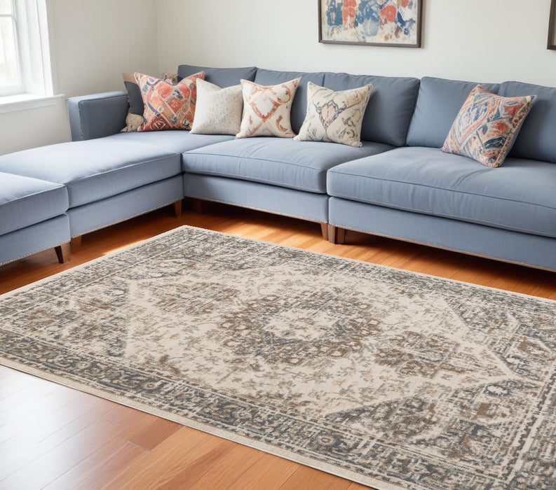 10' Gray and Light Beige Medallion Power Loom Runner Rug