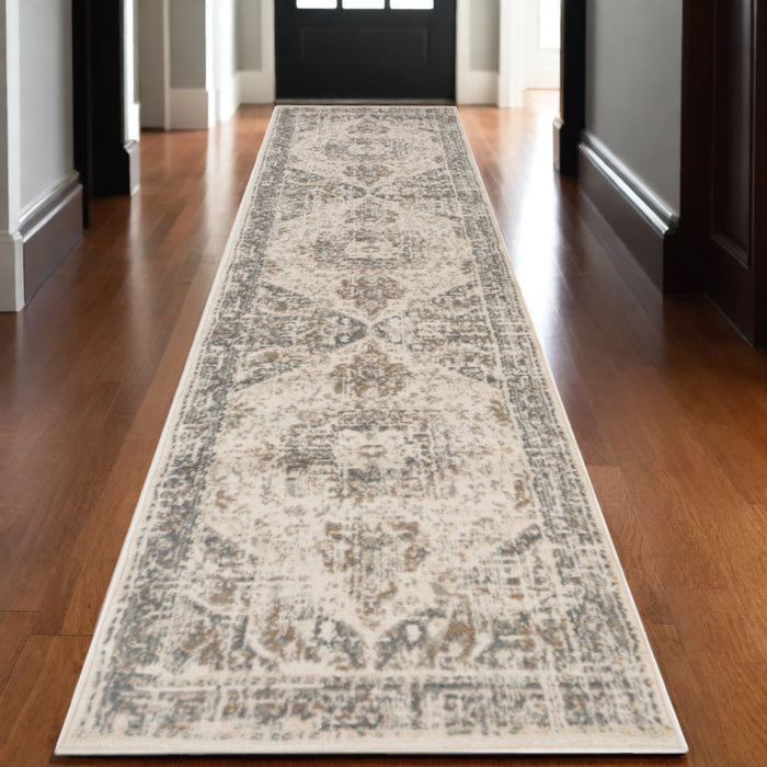 10' Gray and Light Beige Medallion Power Loom Runner Rug