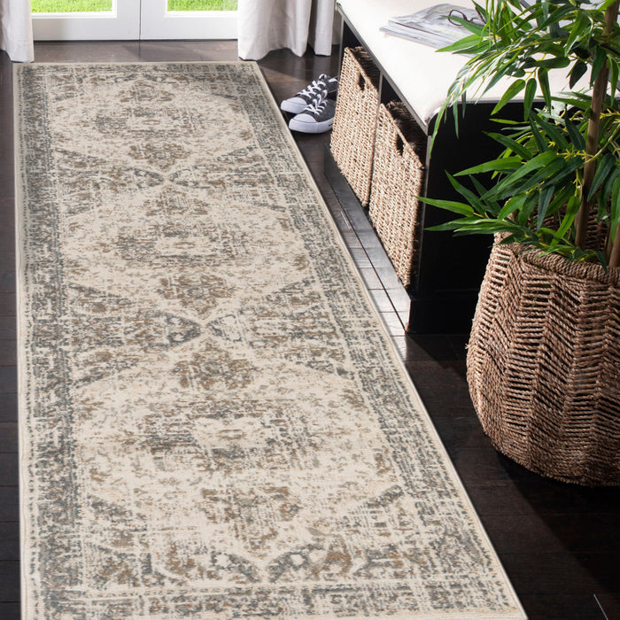 10' Gray and Light Beige Medallion Power Loom Runner Rug