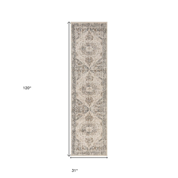 10' Gray and Light Beige Medallion Power Loom Runner Rug