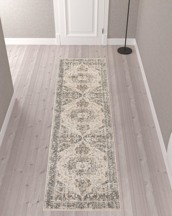 10' Gray and Light Beige Medallion Power Loom Runner Rug