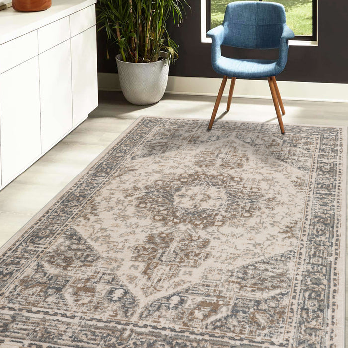 9' X 12' Gray and Light Beige Medallion Power Loom Area Rug