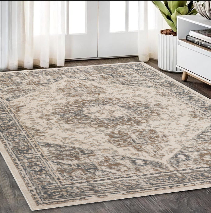 10' Gray and Light Beige Medallion Power Loom Runner Rug