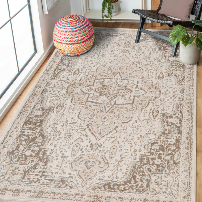 10' X 14' Gray and Light Cream Medallion Power Loom Area Rug