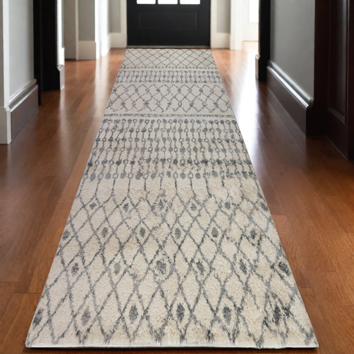 10' Gray and Ivory Geometric Shag Runner Rug - herplace.store