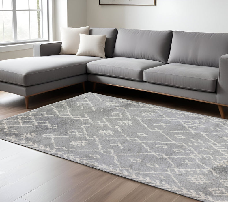 10' Gray and Ivory Geometric Shag Runner Rug