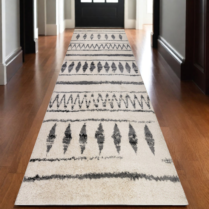 10' Black and Ivory Geometric Shag Runner Rug