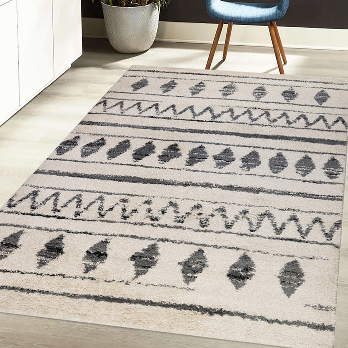 10' Black and Ivory Geometric Shag Runner Rug