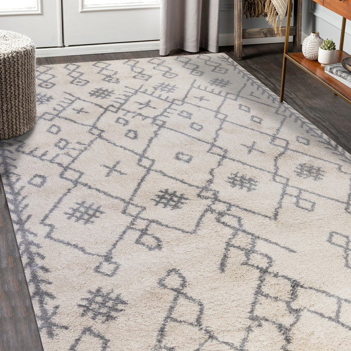 10' Gray and Ivory Geometric Shag Runner Rug - herplace.store