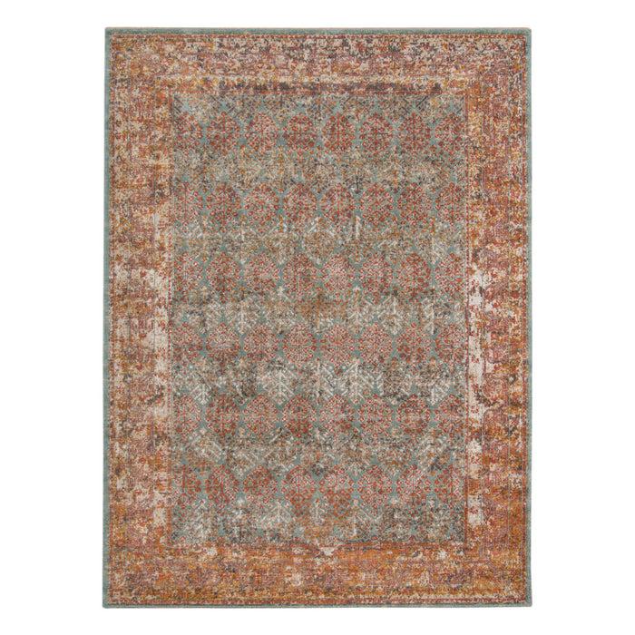 9' X 12' Teal and Orange Medallion Power Loom Worn Faded Area Rug