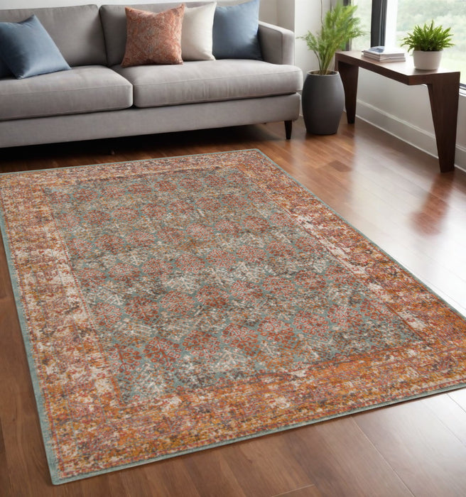 9' X 12' Teal and Orange Medallion Power Loom Worn Faded Area Rug