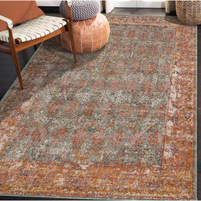 9' X 12' Teal and Orange Medallion Power Loom Worn Faded Area Rug