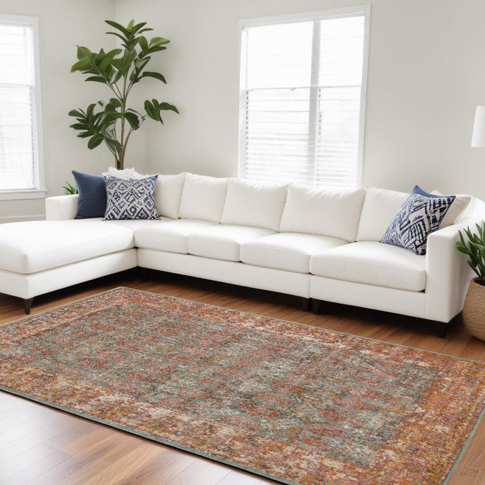 9' X 12' Teal and Orange Medallion Power Loom Worn Faded Area Rug