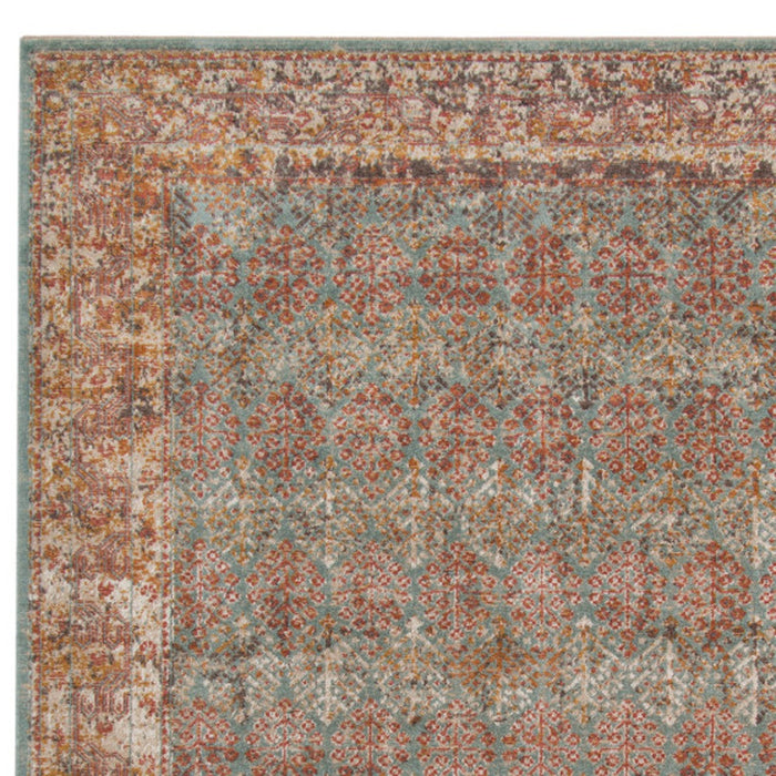 9' X 12' Teal and Orange Medallion Power Loom Worn Faded Area Rug