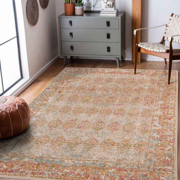 9' X 12' Teal and Orange Medallion Power Loom Worn Faded Area Rug