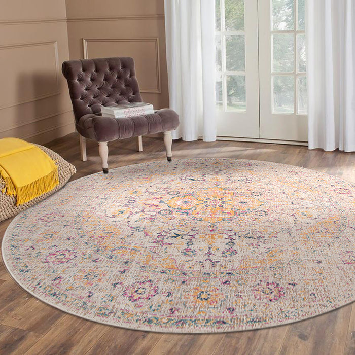 6' Ivory Navy and Yellow Oriental Power Loom Worn Faded Round Rug