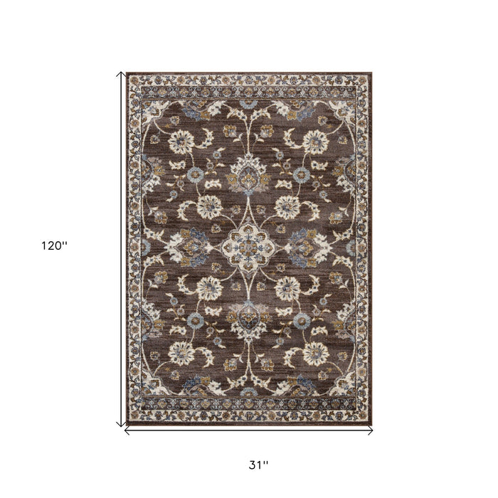 10' Ivory Blue and Brown Floral Power Loom Runner Rug - herplace.store