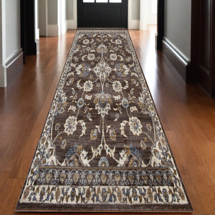 10' Ivory Blue and Brown Floral Power Loom Runner Rug