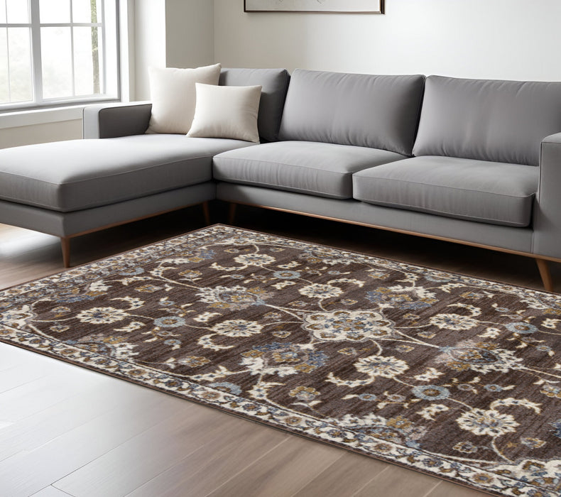 10' Ivory Blue and Brown Floral Power Loom Runner Rug