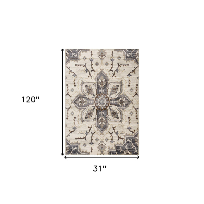 10' Ivory Gray and Black Floral Medallion Power Loom Runner Rug