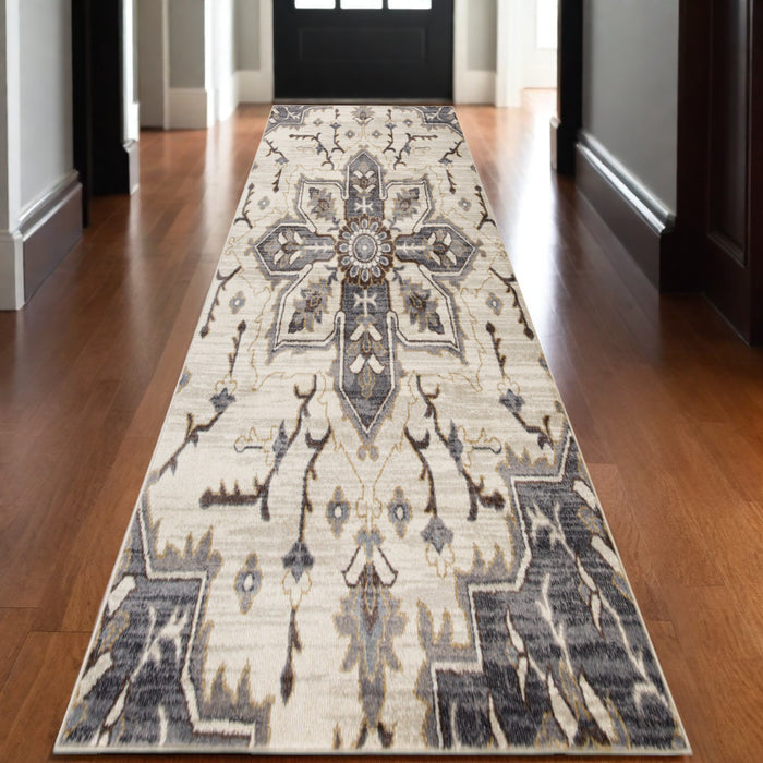 10' Ivory Gray and Black Floral Medallion Power Loom Runner Rug