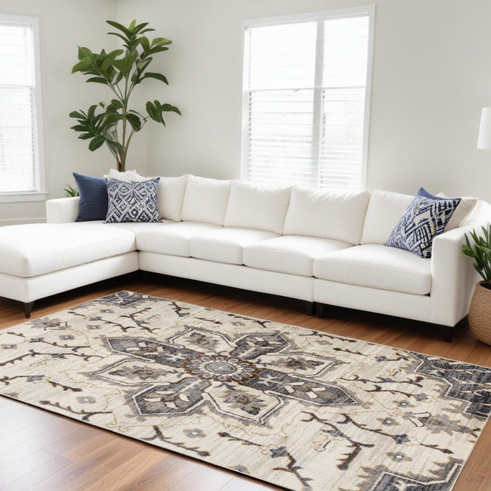 10' Ivory Gray and Black Floral Medallion Power Loom Runner Rug