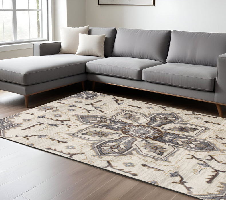 10' Ivory Gray and Black Floral Medallion Power Loom Runner Rug