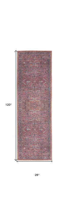 10' Blue and Red Floral Power Loom Distressed Washable Runner Rug