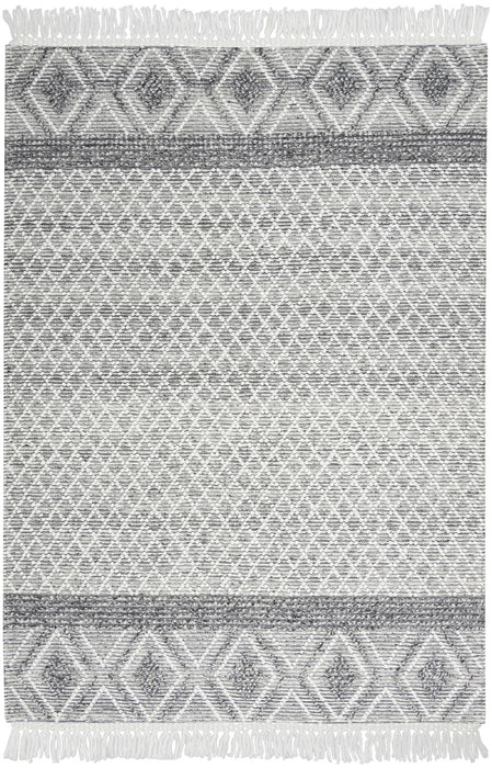 5' X 8' Gray and Ivory Geometric Hand Woven Area Rug With Fringe