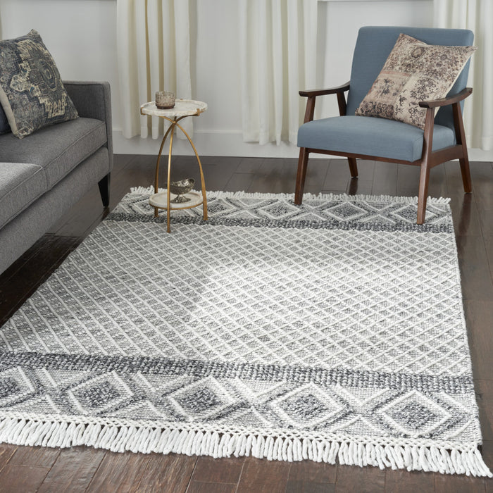 5' X 8' Gray and Ivory Geometric Hand Woven Area Rug With Fringe