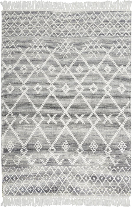 5' X 8' Gray and Ivory Geometric Hand Woven Area Rug With Fringe