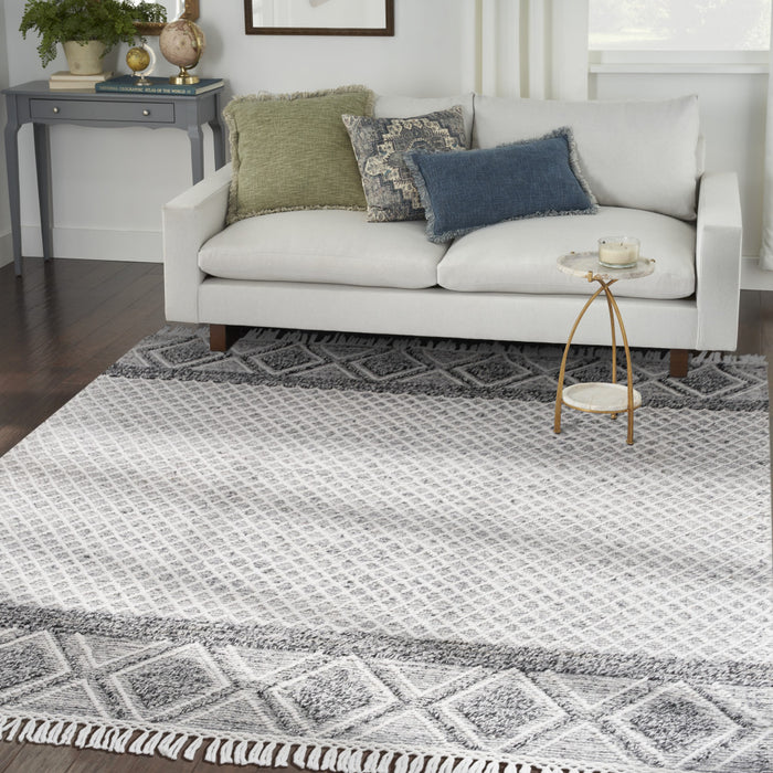 8' X 11' Gray and Ivory Geometric Hand Woven Area Rug With Fringe