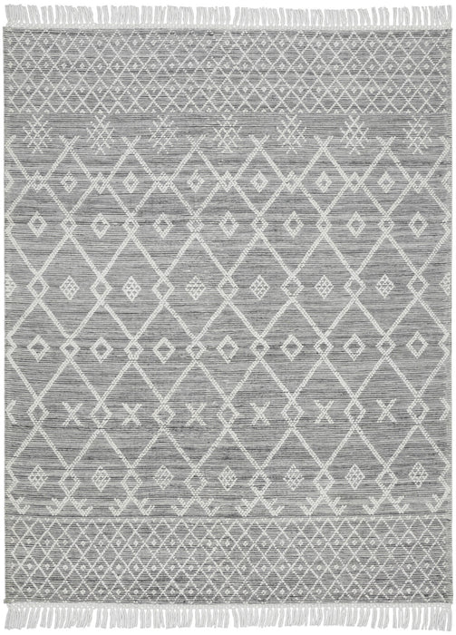 8' X 11' Gray and Ivory Geometric Hand Woven Area Rug With Fringe