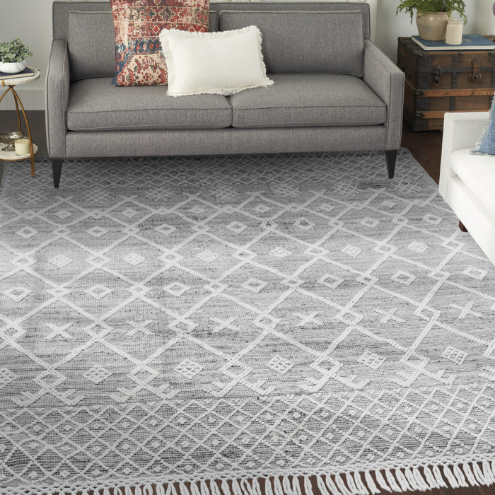 8' X 11' Gray and Ivory Geometric Hand Woven Area Rug With Fringe